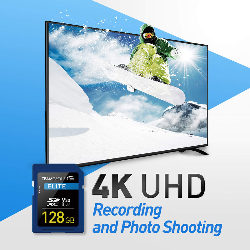 TEAMGROUP Elite 128GB UHS-I U3 V30 4K UHD Read Speed up to 90MB/s SDXC Memory Card for Professional Vloggers, Filmmakers, Photographers & Content Curators TESDXC128GIV3001 ELITE U3 V30