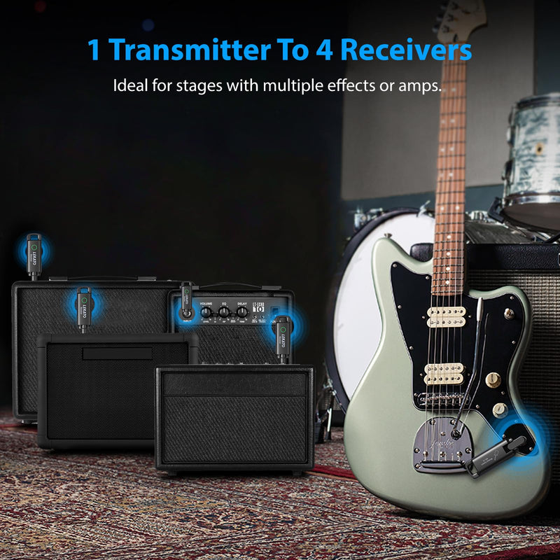 LEKATO Wireless Guitar System UHF Wireless Guitar Transmitter Receiver Rechargeable Audio Wireless Guitar Transmitter and Receiver with 70 Channels Wireless for Guitar Bass Electric Instruments (Blue) Blue