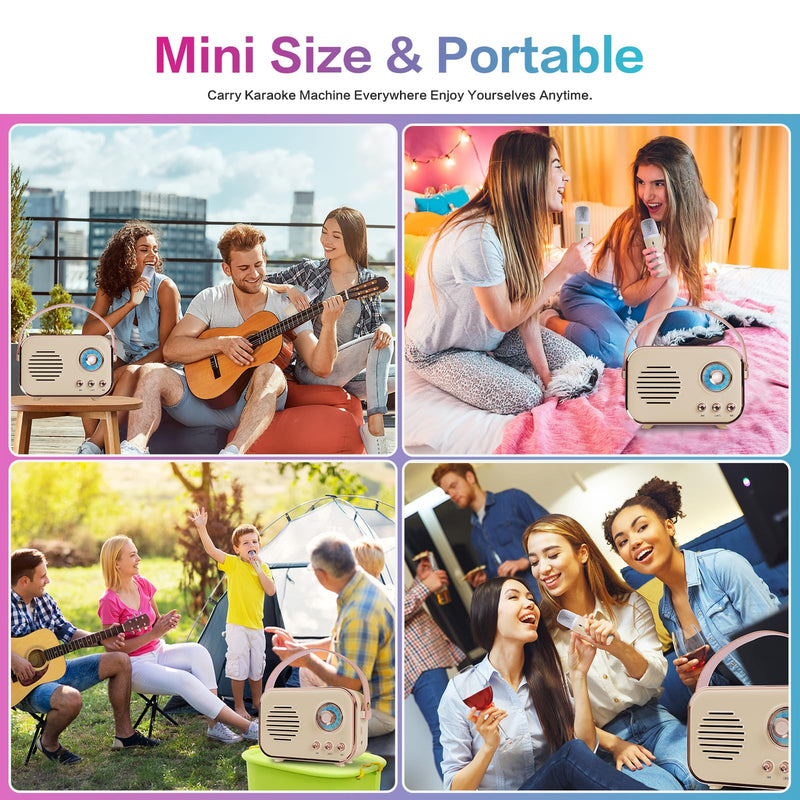 [AUSTRALIA] - Retro Karaoke Machine,Mini Karaoke Machine with 2 Wireless Microphones,Portable Small Karaoke Set Toys for Kids and Adults,Cool Tech Gifts for Birthday Home Party Ideas (Beige 2 Mic) Beige 2 Mic 