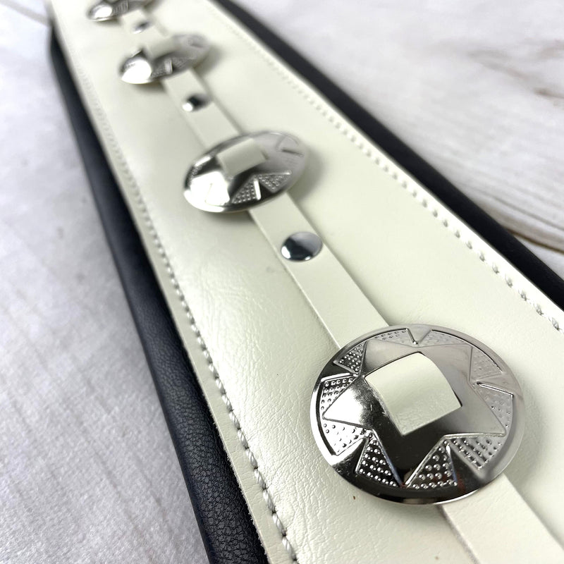 Walker & Williams C-44-WHT Aged White Premium Grain Leather Padded Guitar Strap 3" Wide With Nickel Conchos For Acoustic, Electric, And Bass Guitars