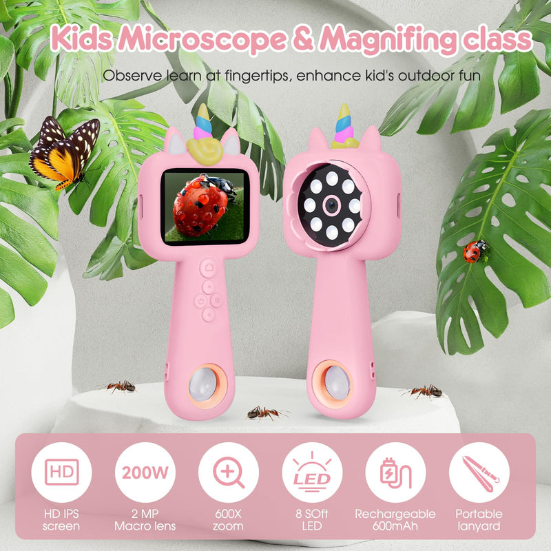Magnifying, 2.4" Microscope for Kids, 600X-4800X Handheld Digital Miniscope, Portable Pocket Magnification Microscope Photo & Video | Education Toys for Age 3 4 5 6 7 8 9 10 Girls Boys Pink