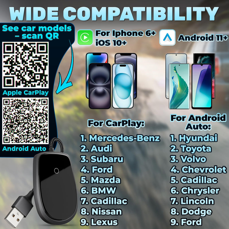 Wired to Wireless Adapter for Car Compatible with Apple CarPlay - Wireless Car Adapter with Internet, Easy Plug & Play - Updated 2025, Works with iOS 10+ & Android11+ that Support Bluetooth Connection