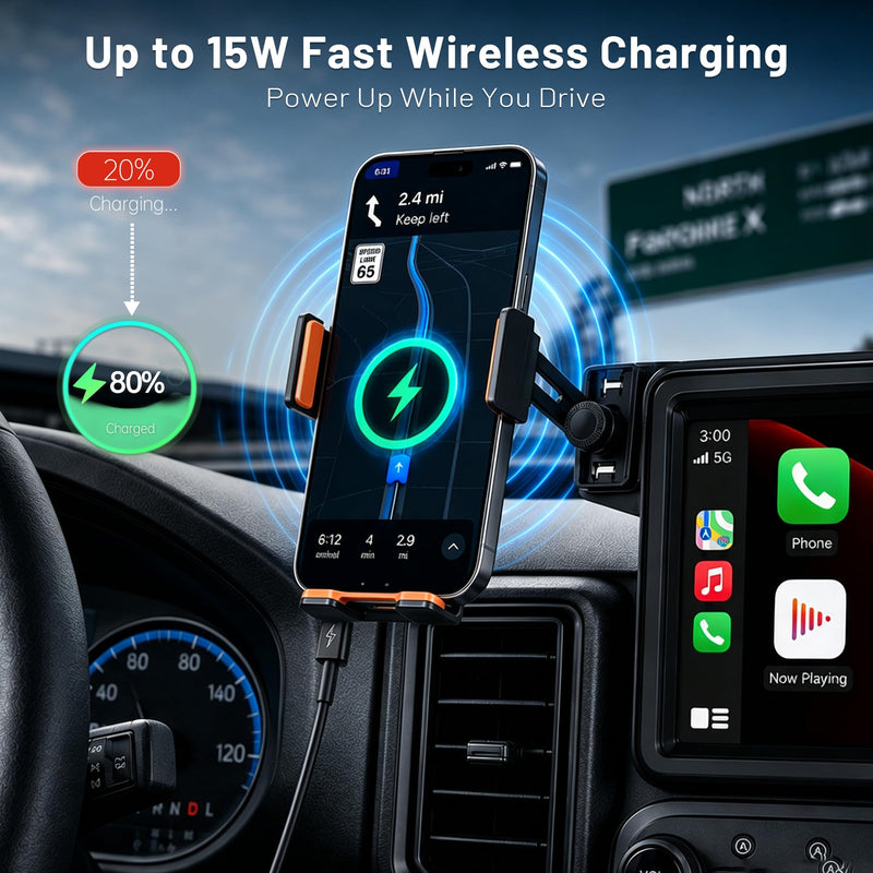 Car Phone Holder for Ford Bronco Sport 2021-2024 Accessories, 8-Inch Touchscreen Phone Mount with Up to 15W Fast Wireless Charging, Auto-Clamping Aluminum Holder, 360° Rotation, Keeps Air Vents Clear