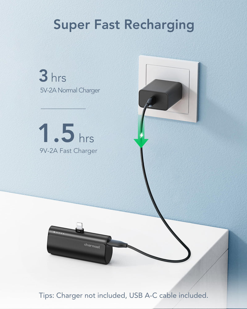 Charmast Small Portable Charger 5000mAh, Ultra-Compact 20W PD Fast Charging Power Bank Mini Battery Pack Compatible with iPhone 14/14 Pro Max/13/13 Pro Max/12/12 Pro Max/11/XR/X/8/7/6, and More A Black
