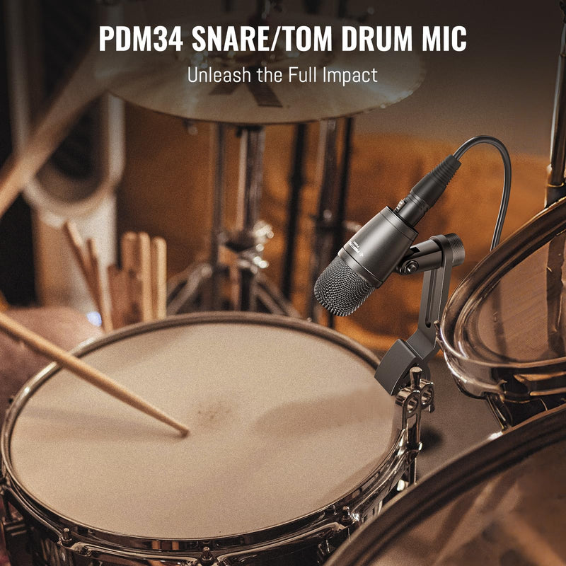Phenyx Pro PDM34 Snare Drum Mic, Cardioid Dynamic Microphone with Clip-on Microphone Clamp, Integral Stand Mount, and Long-Lasting Metal Housing