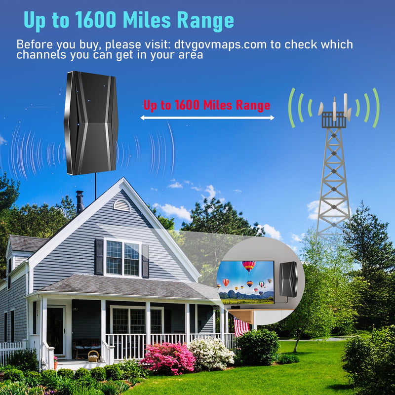1600+ Miles TV Antenna Indoor,Digital TV Antenna for Smart TV Indoor with Amplifier Signal Booster, Strongest TV Antenna for Local Channels,Indoor Antenna with 42ft Coax HDTV Cable Support 8K 4K HD009