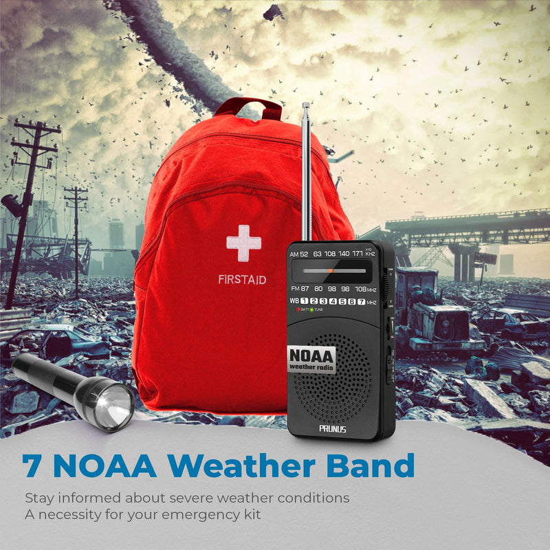 PRUNUS NOAA Weather Radio AM FM, Battery Powered Radio by AA, Transistor Radio, Earphone Jack, Portable Radio AM FM WB for Emergency, Hurricane, Floods, snowstorms