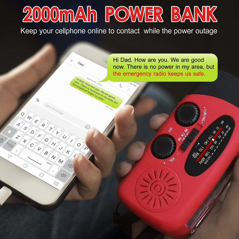 [AUSTRALIA] - RunningSnail Emergency Hand Crank Radio With LED Flashlight For Emergency, AM/FM NOAA Portable Weather Radio With 2000mAh Power Bank Phone Charger, USB Charged & Solar Power For Camping, Emergency 087-Red 