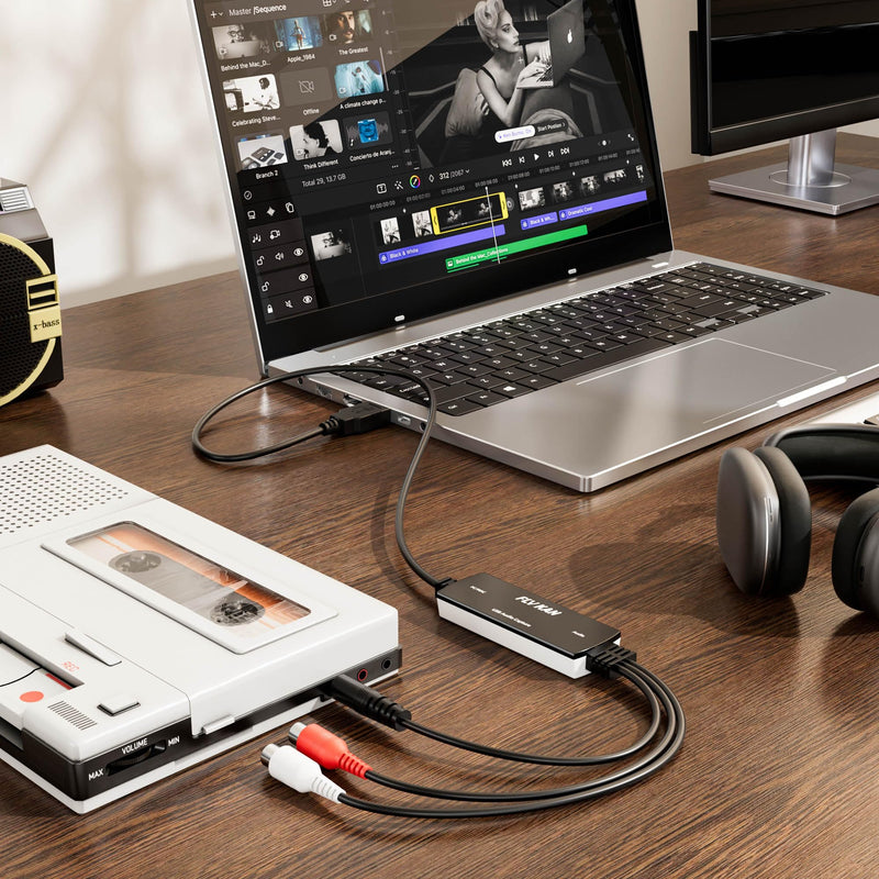 [AUSTRALIA] - USB 2.0 Audio Grabber with USB-C Adapter – Analog to Digital Converter, Dual RCA/3.5mm Inputs, Vinyl/Cassette to MP3 USB Capture Card for PC/Mac/Linux 