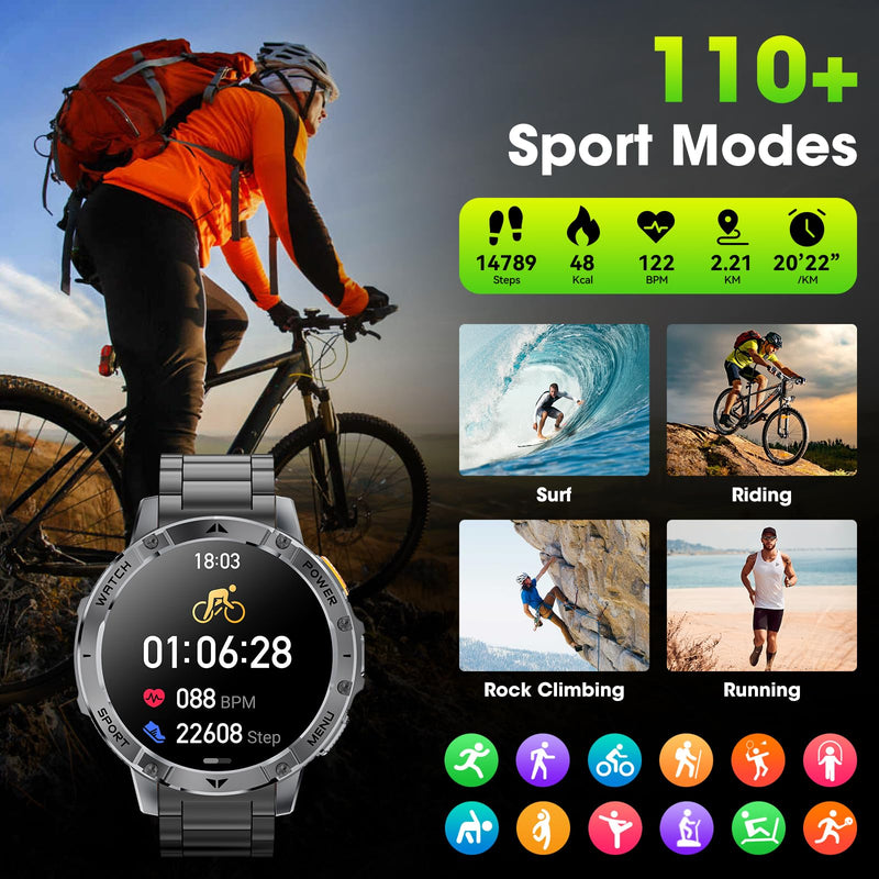Military Smart Watches for Men, 1.7" HD Smart Watch with Two Flashlights/1400mAh/110+ Sports Modes Fitness Tracker Watch, Waterproof Mens Smart Watch for Android Phones iPhone Compatible(2 Strap) Darkness