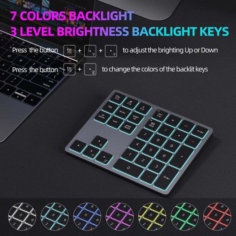 Doohoeek Backlit Bluetooth Numeric Keypad for Laptops and Computers, Number Pads 34 Keys with 7-Color Backlight for MacBook & Windows, Gray Bluetooth Only Grey