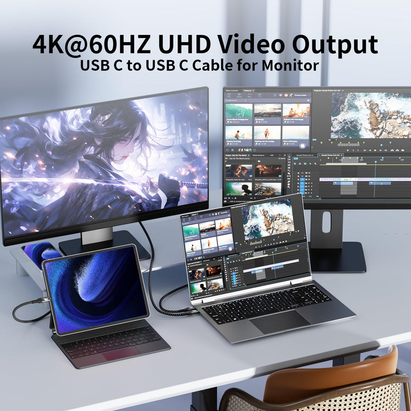 USB C Cables 2-Pack 20FT (6m) Long Compatible with Thunderbolt 4/3, USB 3.2 Gen 2 20Gbps High Speed Data Transfer, 100w Fast Charging & 4K@120Hz USB C Video Cable for Monitor,dispaly Cord 20FT+20FT