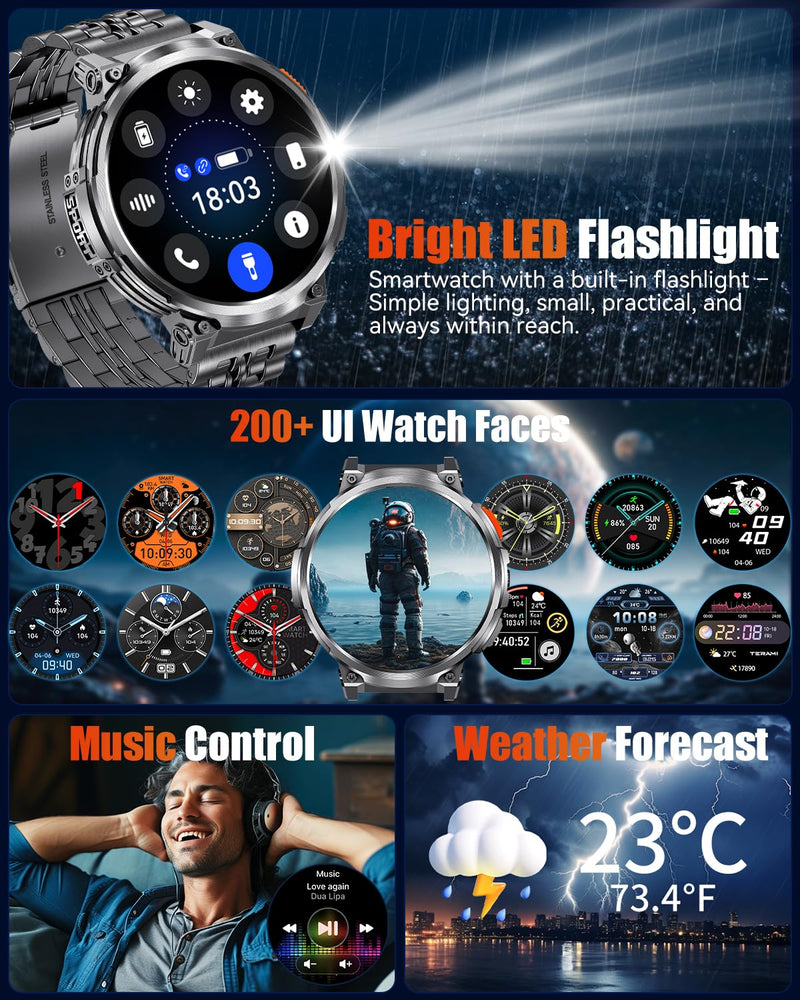 1.85" Big Screen Military Smart Watch for Men with Flashlight, 930mAh Large Battery, IP68 Waterproof, Bluetooth Calling, 114 Sports Modes, Heart Rate/Sleep Monitor for iPhone & Android Black - Silicone & Metal Bands