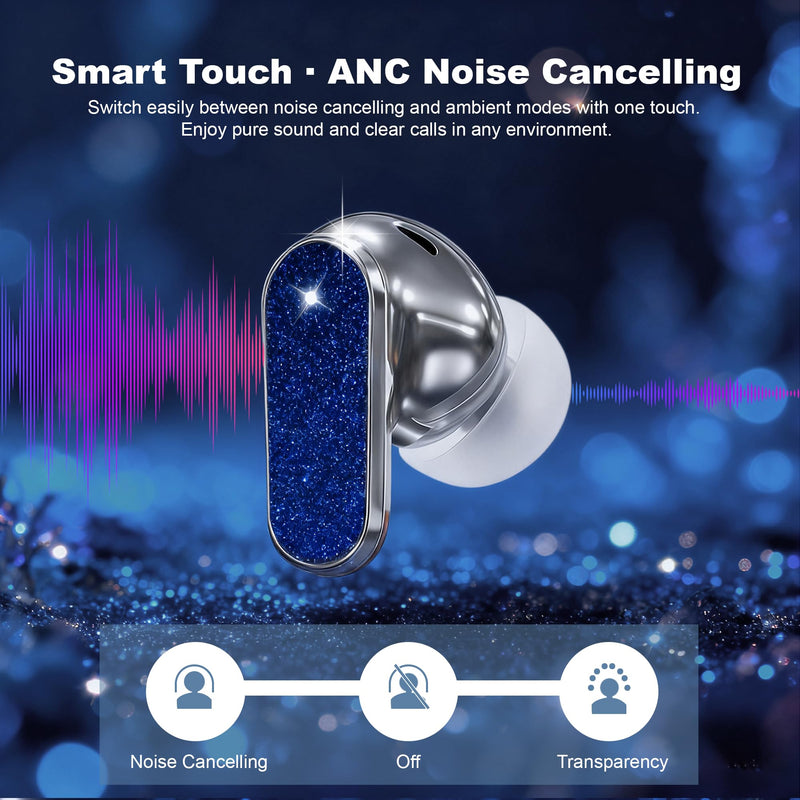 Wireless Earbuds, Jewelry Wireless Headphones with Active Noise Cancellation, Anniversary & Birthday Gifts for Women/Girls/Wife, in-Ear Bluetooth 5.4 Earphones Clear Calls - Blue Black gold sand