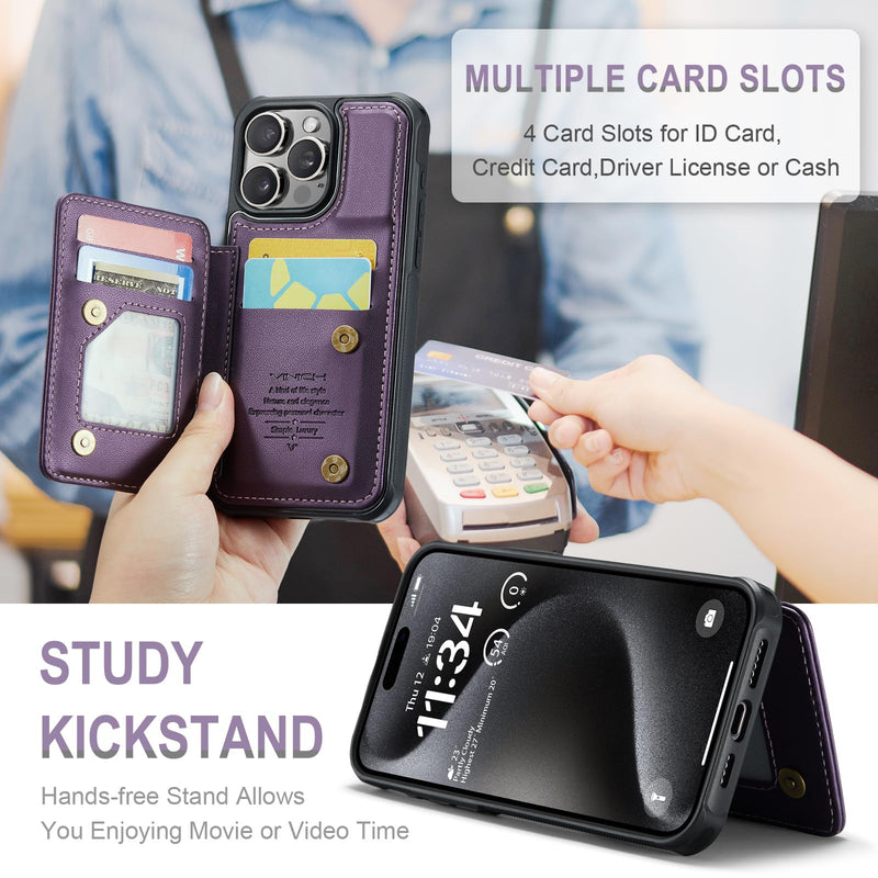 for iPhone 15 Pro Max Wallet Case with Card Holder, Case for iPhone 15 Pro Max with RFID Blocking for Women Men, Durable Kickstand Shockproof Phone Case for iPhone 15 Pro Max, Purple iPhone 15 Pro Max - 6.7"-(L)