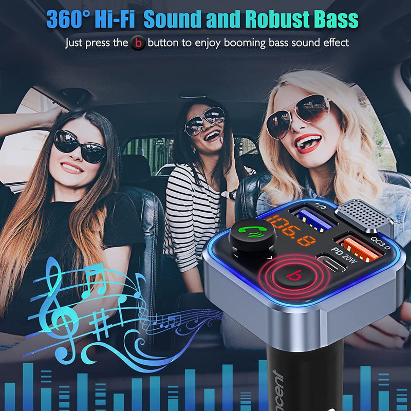 LENCENT FM Transmitter in-Car Adapter,Type-C PD 20W+ QC3.0 Fast USB Charger, Wireless Bluetooth 5.0 Radio Car Kit,Hands Free Calling, Mp3 Player Receiver Hi Fi Bass Support U Disk Blue-38W