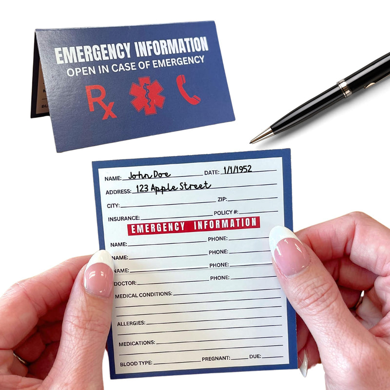 Emergency Info ICE Folded Wallet Card | 10 pk 2x3.5” Blue Medications, Blood Type Identification Card Contacts, Doctor, Allergies in Case of Emergency Bulk Medical ID