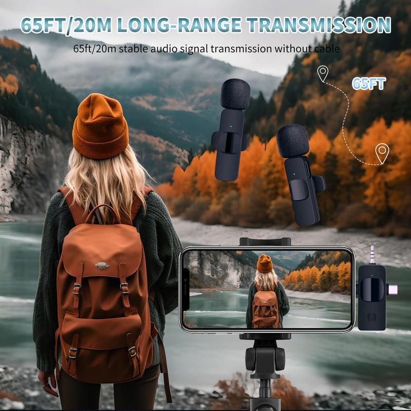 AMOOX Wireless Lavalier Microphone for iPhone Camera Live Streaming, Vlogging, Cordless Omnidirectional Clip Mic, Plug-Play Microphone for Interview Video Podcast Vlog YouTube Three in One Set