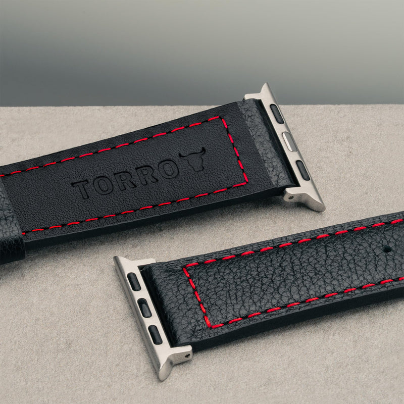 TORRO Leather Watch Strap Compatible with Apple Watch (All Series, SE and Ultra) – Genuine Leather Watch Band with Stainless Steel Buckle Black with Red Detail 42mm, 44mm, 45mm, and 49mm