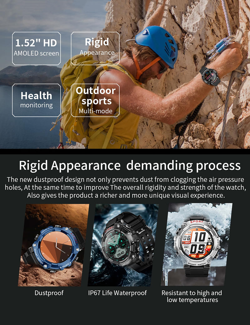 Smart Watch for Women Men, Smartwatch for iPhone & Android Bluetooth (Answer/Call) Built-in Earbuds, 1.52" HD Fitness Tracker with 100+ Sport Modes Black-T96