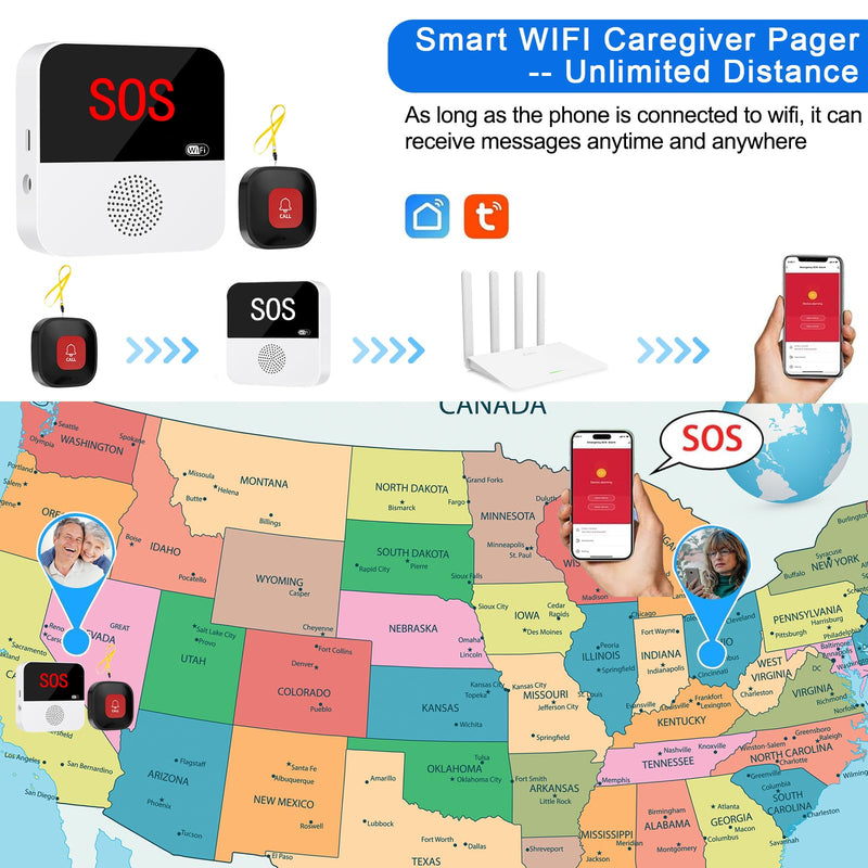 WiFi Caregiver Pager Call Button Life Alert System Elder Care Alarm Call Bell for Seniors Patient Disabled Elderly 1 Emergency Button 1 Watch Button 1 Receiver(only Supports 2.4GHz Wi-Fi) 1 button + 1 wrist button + 1 receiver
