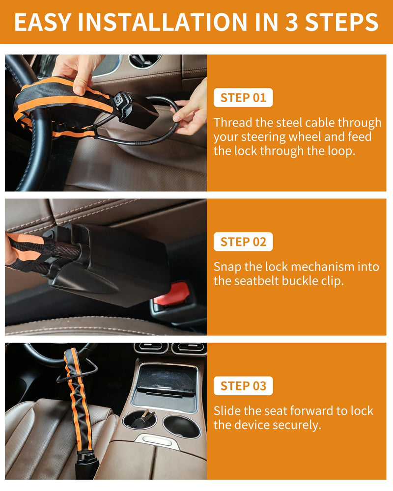 Steering Wheel Lock with Faraday Bag, Adjustable 17" Car Anti Theft Device with Reflective Warning Strips, Visible Vehicle Security Deterrent for Cars SUVs Trucks Vans, Includes 3 Keys Orange