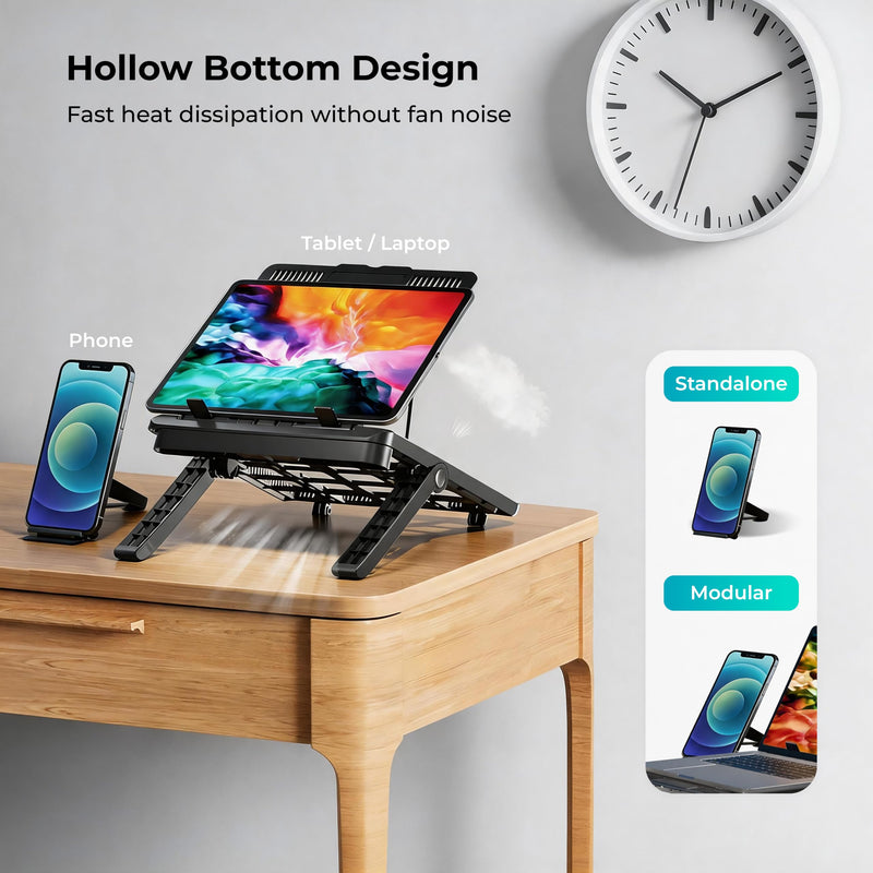 ergounion Adjustable Laptop Stand for Desk, Ergonomic Riser for 10-17" Lap | ABS 4-in-1 sit-stand riser with phone holder. Fits Mac/Dell/HP. Great for students & workers.For office, dorm, travel, gaming