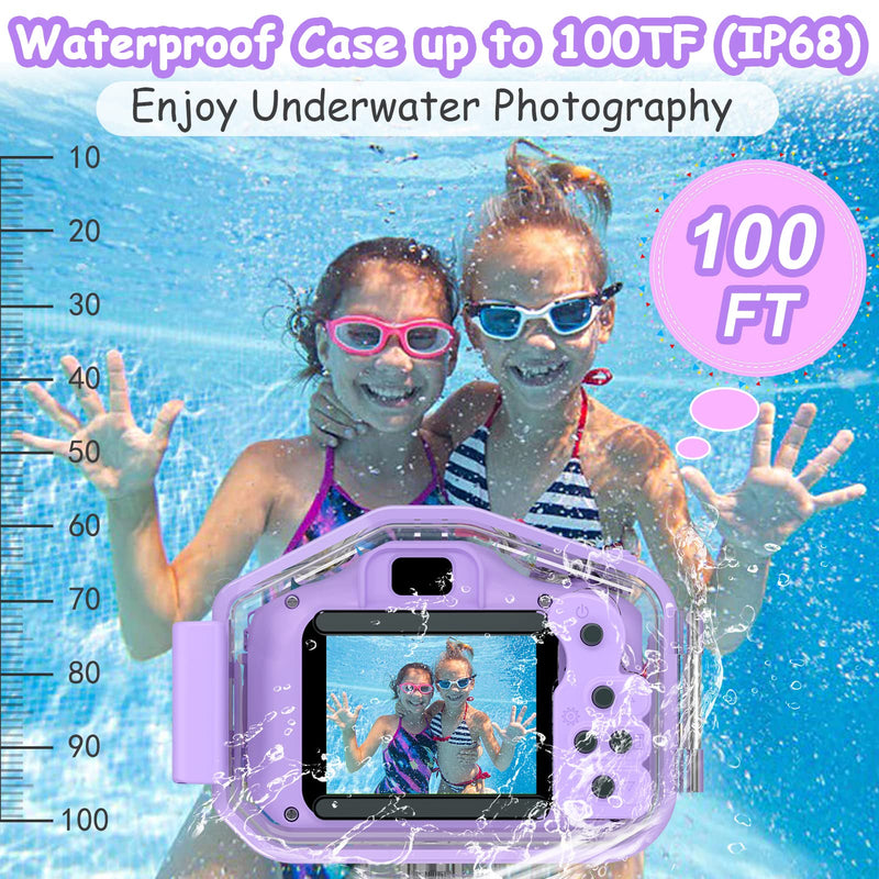 Kids Waterproof Camera, Christmas Birthday Gifts for Boys Girls Toys 3-12 Year Old, Underwater Mini Children HD Digital Action Camcorder, 2 Inch IPS Screen with 32GB Card (Lavender) Lavender