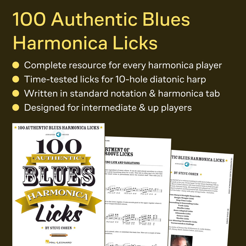 [AUSTRALIA] - 100 Authentic Blues Harmonica Licks Steve Cohen | Harmonica Instructional Book with Online Audio | Learn Blues Harmonica Techniques, Solos, and Riffs | Beginner to Advanced Sheet Music Songbook 