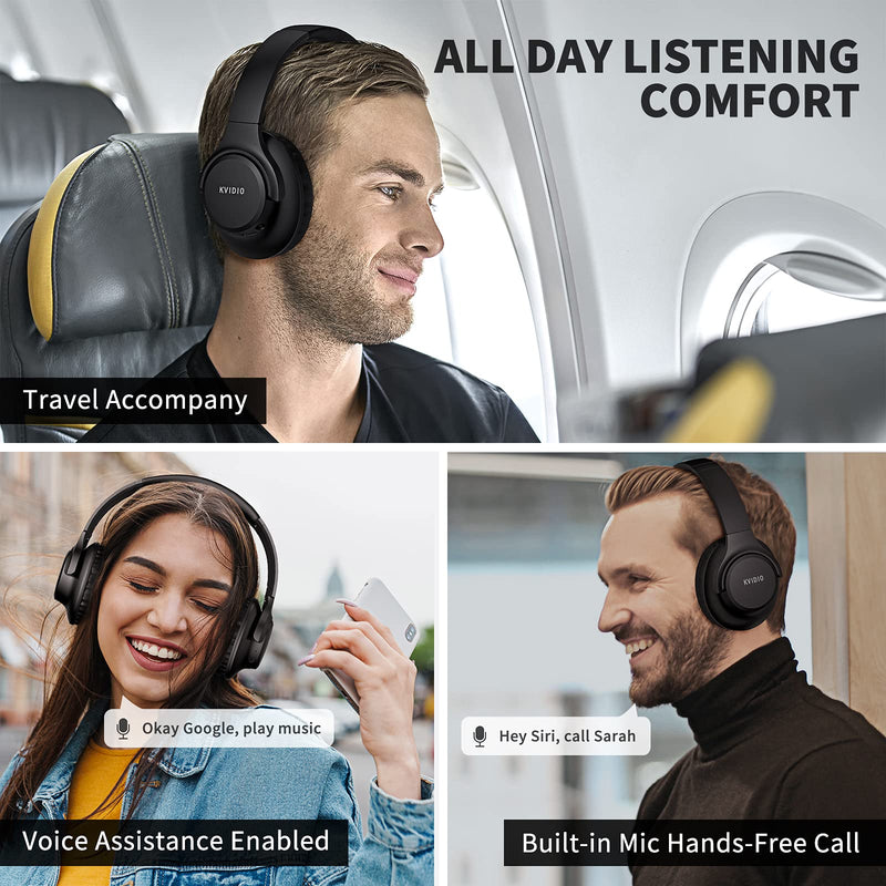 [AUSTRALIA] - Bluetooth Headphones Over Ear,KVIDIO 55 Hours Playtime Wireless Headphones with Microphone,Foldable Lightweight Headset with Deep Bass,HiFi Stereo Sound for Travel Work Laptop PC Cellphone Black 