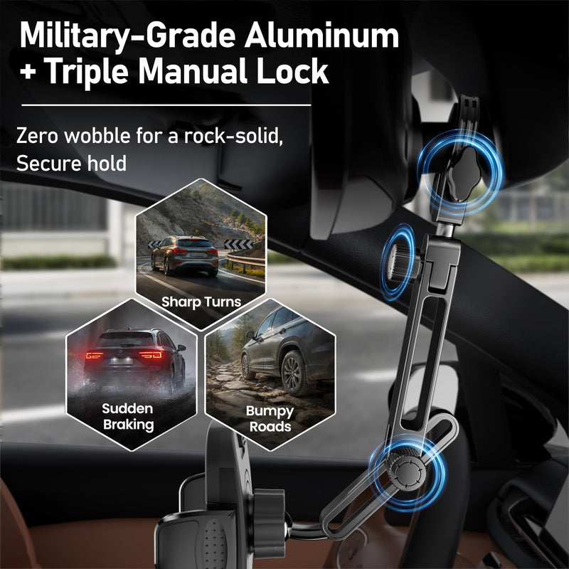 Aluminum Rear View Mirror Phone Mount for [Truck & SUV], Anti-Shake Universal Car Phone Holder with 360° Rotation, Non-Blocking Driving Assistant for iPhone 17 16 15 14 13 Pro Max, Samsung Black
