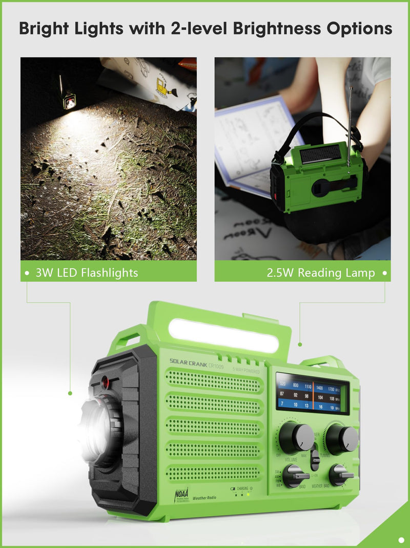 Weather Radio Raynic Solar Hand Crank Emergency Radio 5 Ways Powered AM/FM/SW/NOAA Weather Alert Portable Radio with Flashlight, Reading Lamp (Green) Green