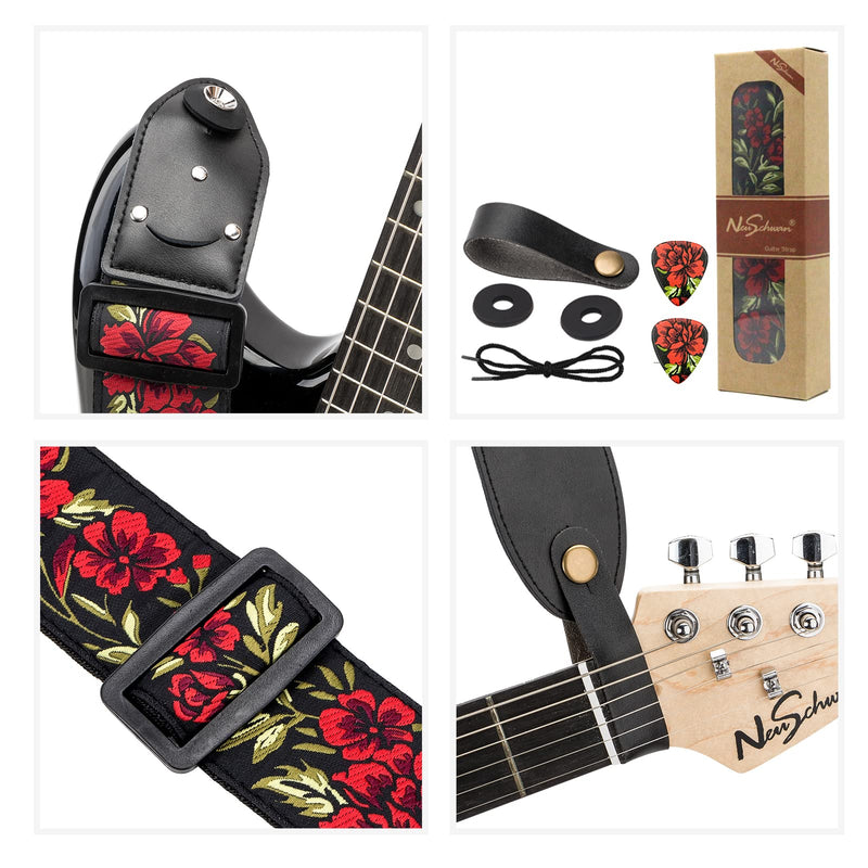 Adjustable Guitar Strap for Electric/Acoustic Guitar/Bass, Includes 2 Picks + Strap Locks + Strap Button, Cotton Jacquard Embroidered Genuine leather Ends Guitar Straps with 1 Pick Holder, Rose Rose&strap Button