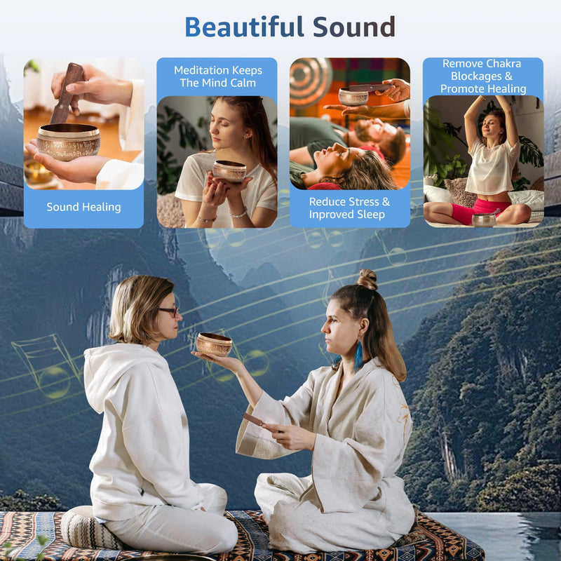 Tibetan Singing Bowls Set, SHANSHUI Meditation Sound Bowl hand Hammered in Nepal For Yoga, Mindfulness, Healing & Chakra Balancing 4 in Blue