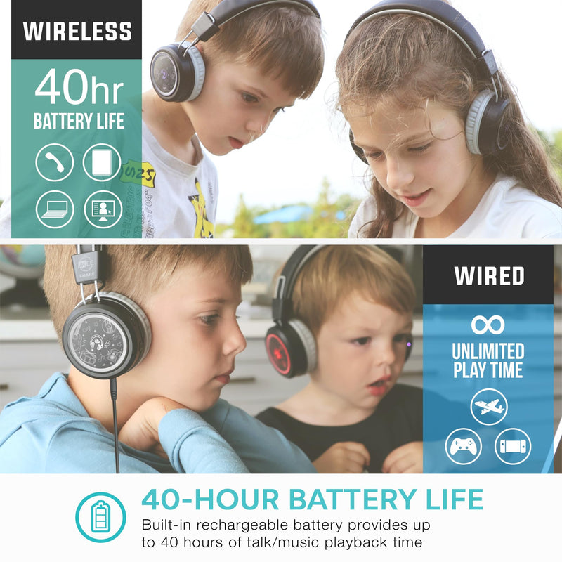 MEE audio KidJamz Share Bluetooth Headphones for Kids with LED Lights, 85dB Volume Limiter, Microphone, 40h Battery; Childrens Headset for School/iPhone/iPad/Tablet (Model: KJ55BT-S, 2-Pack) Black Share (2-Pack)
