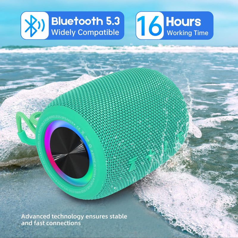 Portable Bluetooth Speaker, BT5.3 Wireless Speaker 20W Bass Diaphragms with Multi LED Light Dynamic Modes, IPX6 Waterproof 16H Playtime supports FM Mode, TF, USB for Home, Cycling, Outdoor, Beach Teal