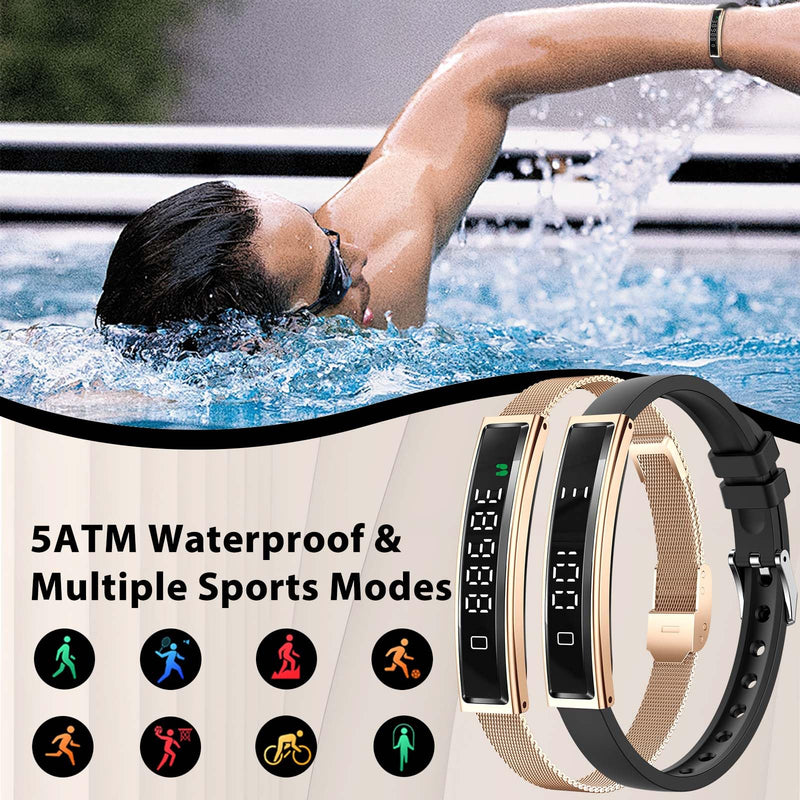 Fitness Health/Calorie Tracker with 2 Bands, Sleep Detection Bracelet Gold steel + black silicone