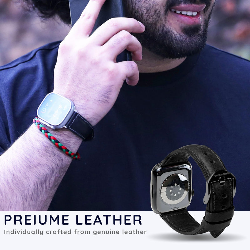 Top Grain Genuine Leather Bands Compatible with Apple Watch Band 42 mm (Series 32 1) 44mm 45mm 46mm 49mm for Men & Women, Replacement Strap for iWatch Ultra, Ultra 2, SE2, SE, Series 11 10 9 8 7 6 5 4 3 Classic Dark Brown (Black Edition, Silver)