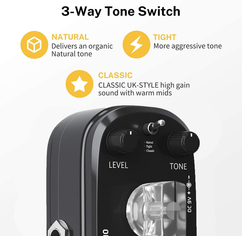 AZOR Distortion Guitar Effect Pedal 3 Modes Natural, Tight, Classic for Electric Guitar True Bypass AP-302 Black Distortion