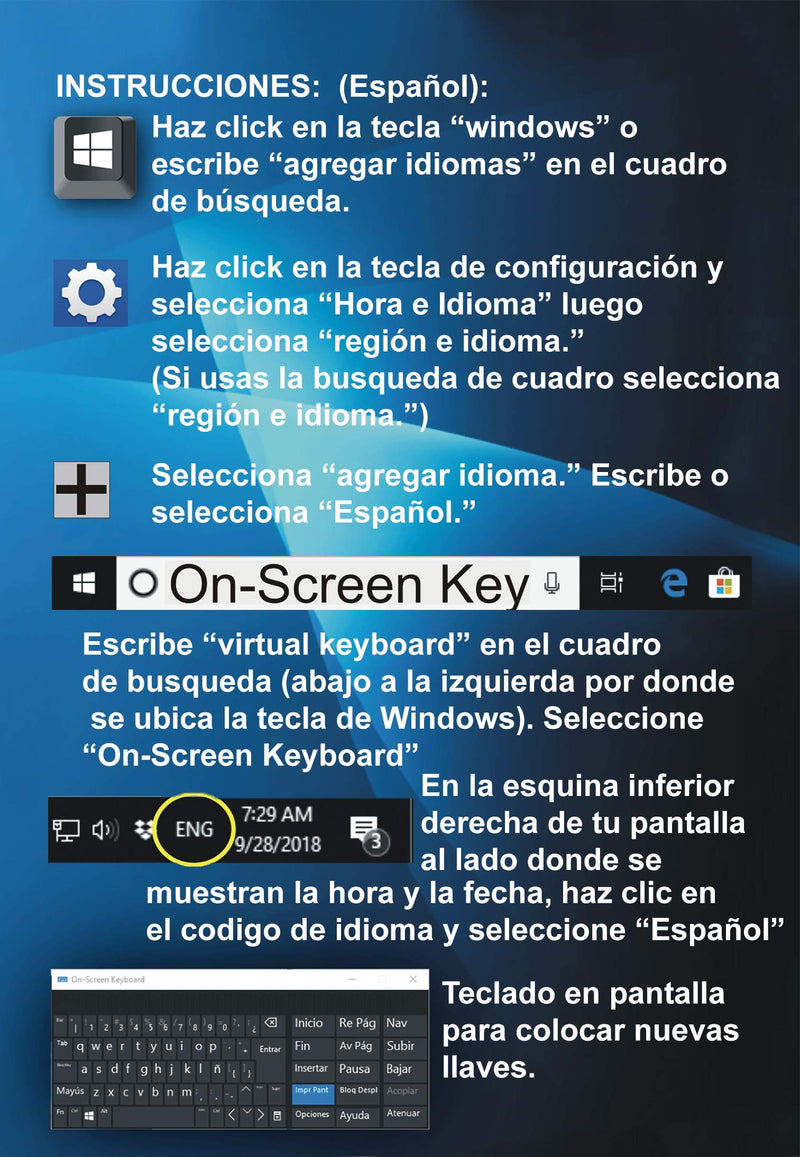 Spanish/English Keyboard Stickers with Fluorescent Inlays. Large Symbols Will Not Wear, Smudge or Fade. for All Laptop and Desktop Keyboards Also Free USB LED Light (White).