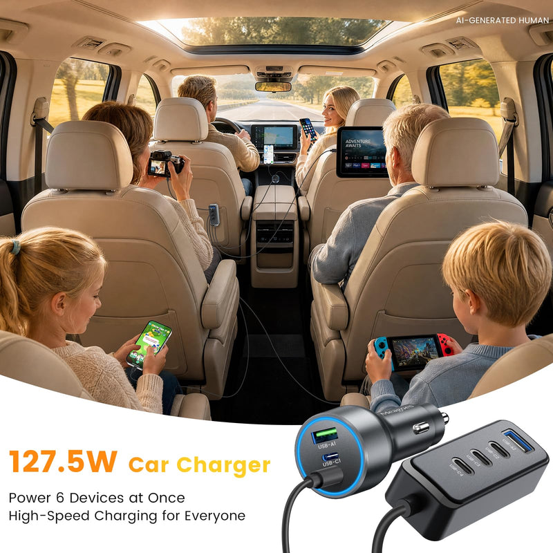 127.5W Fast USB C Car Charger Multiple Ports, 6 Port Road Trip Essentials | for iPhone 17/16/Android, Roadtrip Essentials for Kids, PPS 45W Supper Fast, 12V Cigarette Lighter Charger with 5FT Extension
