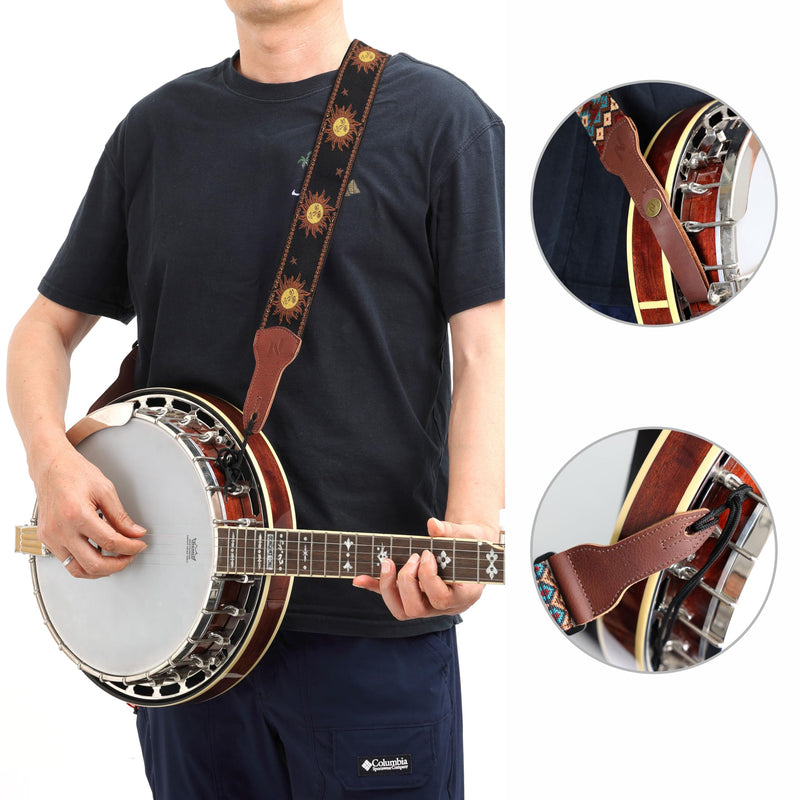 Nefelibata Banjo Strap, 2" Wide Double Full Grain Cowhide Guitar Strap Adjustable Replacement,Multi-pattern Guitar Strap With Headstock Rope and Leather Headband(Sun God Embroidery) Sun God Embroidery