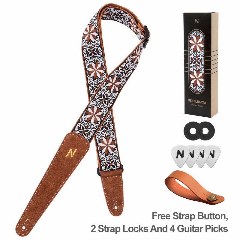 Nefelibata Guitar Strap, with Extended Soft Brown Suede Leather Ends for Bass Acoustic Electric Guitar, Free with Lock and Head Strap Yellow Flowers