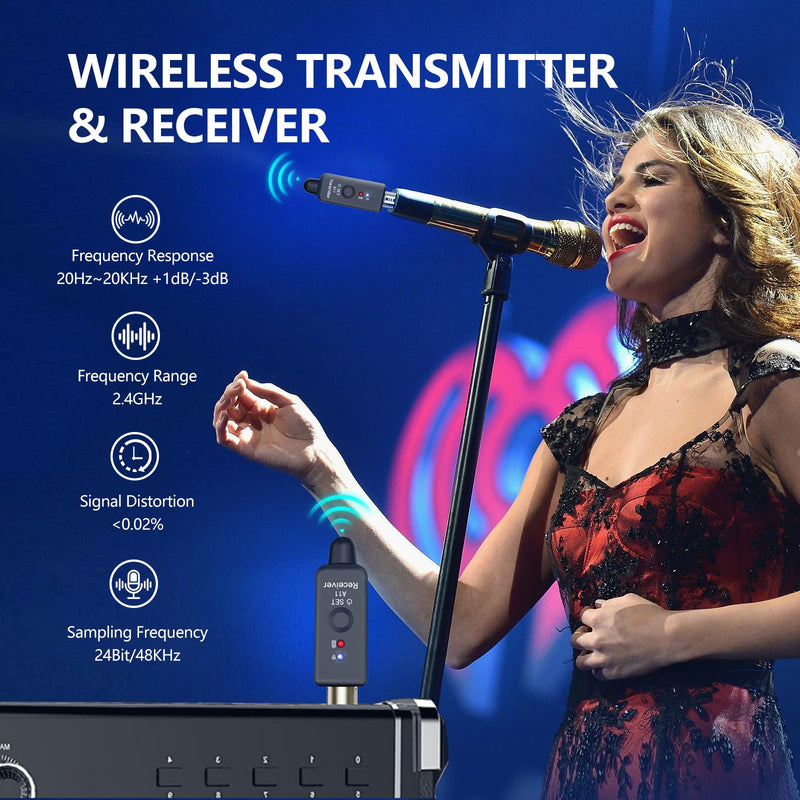 A11 Wireless Microphone System, 2.4GHz XLR Transmitter and Receiver for Dynamic Microphone, Audio Mixer, PA System, 100ft Range, Ultra-Low Latency, Rechargeable Battery (A11-2(2TX+1RX)) A11-2(2TX+1RX)