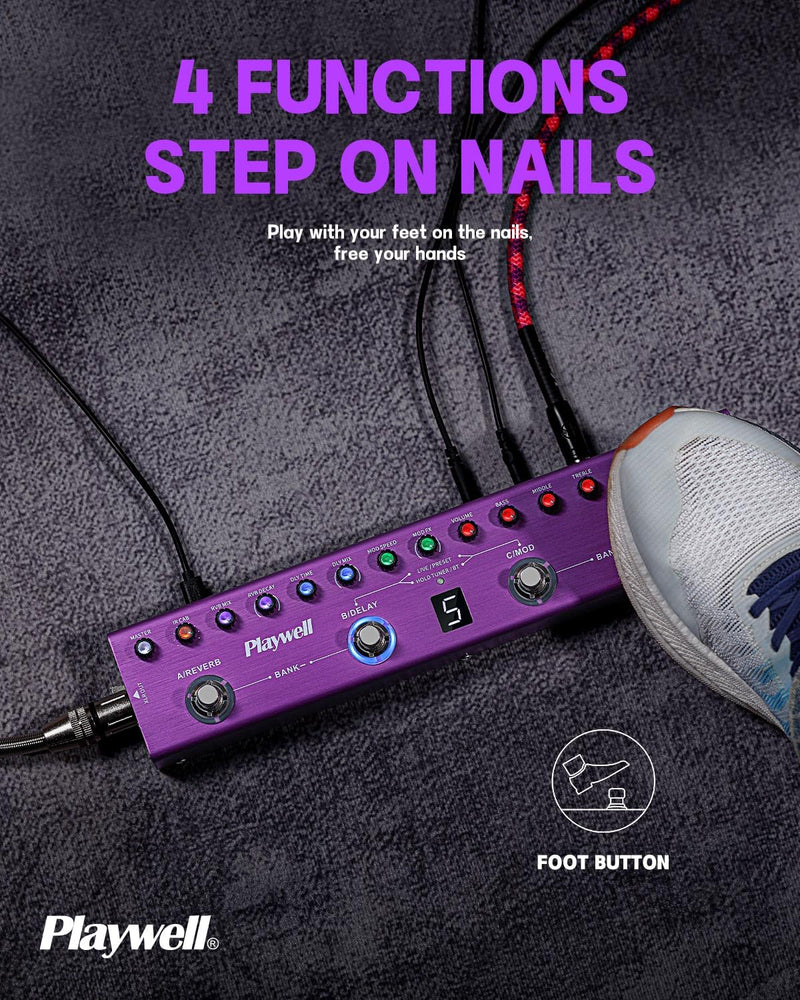 Playwell Multi Effects Guitar Pedal TANK-G,Digital Electric Guitar Effector with 36 Editable Presets,Chorus,Delay,Reverb,MOD,IR Loading,Recording,Tuner,Built-in battery,BT connection