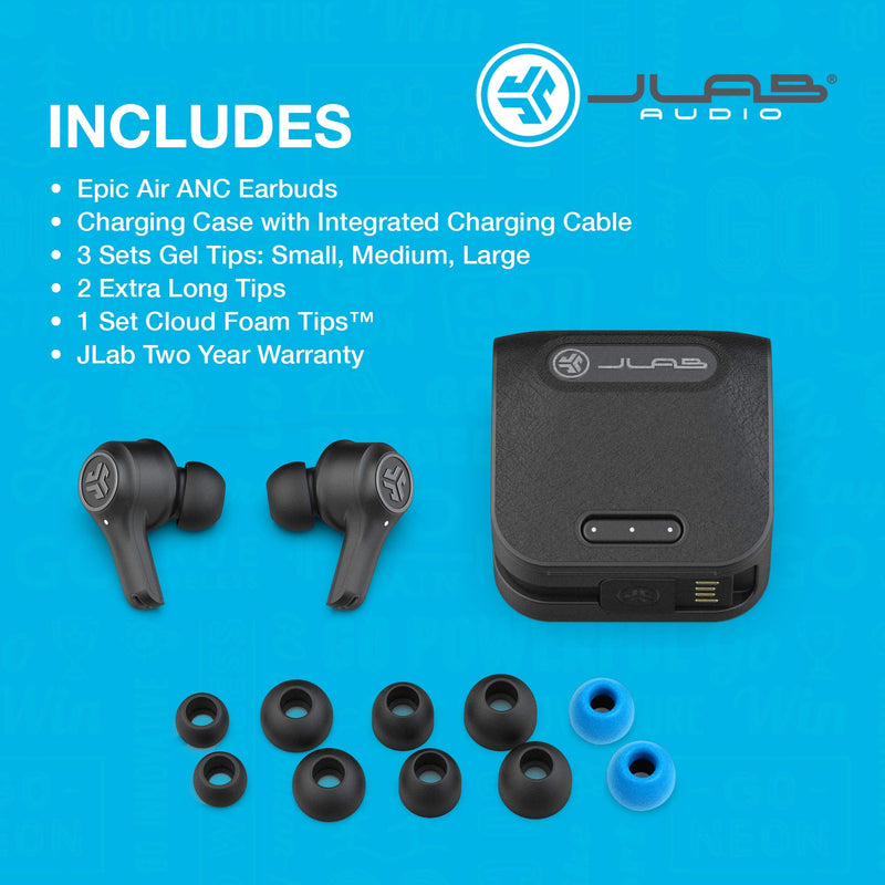 JLab Epic Air ANC True Wireless Bluetooth 5 Earbuds, Active Noise Canceling, IP55 Sweatproof, 12-Hour Battery Life, 36-Hour Charging Case, Low Latency Movie Mode, 3 EQ Sound Settings