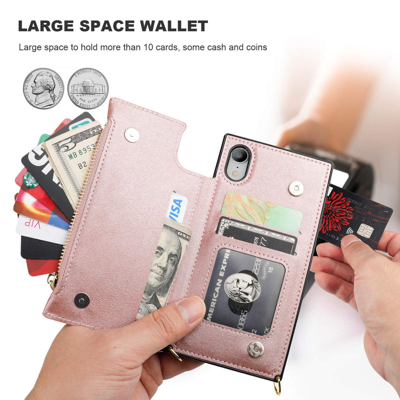 [AUSTRALIA] - Bocasal Crossbody Wallet Case for iPhone Xr with Card Holder,Zipper Card Slot Protector Shockproof Purse Cover with Removable Cross Body Strap 6.1 Inch(Rose Gold) Rose Gold For iPhone Xr 6.1 inch display 
