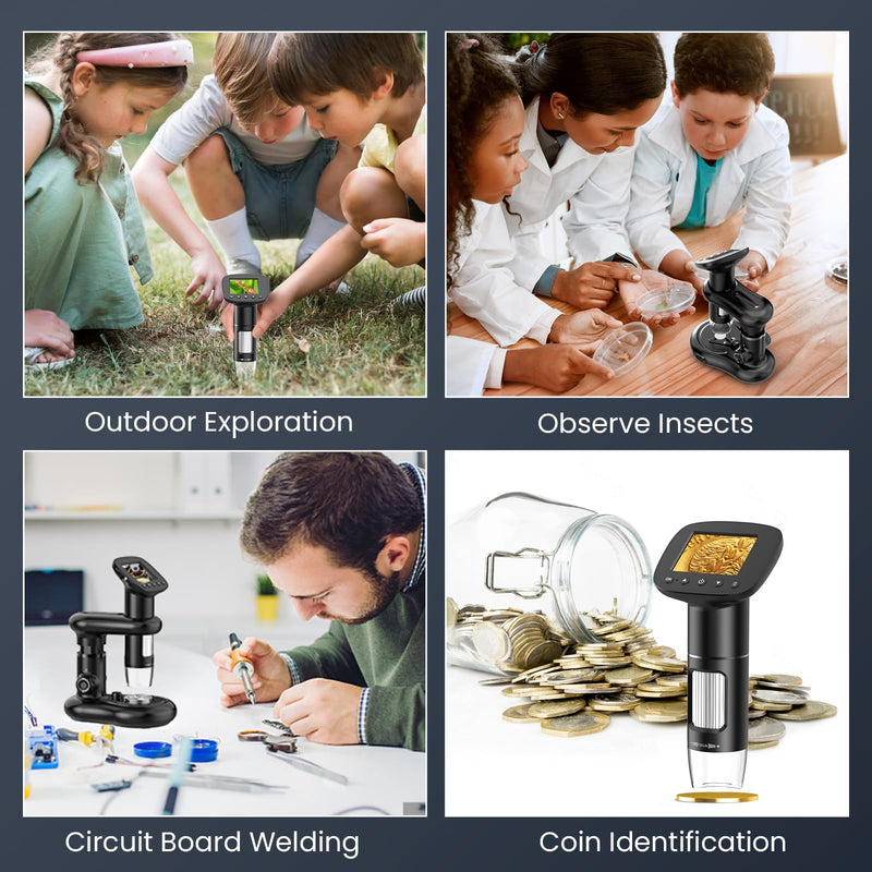 [AUSTRALIA] - Kids Microscope for Ages 8-12, Handheld Digital Microscope D-MS1 with 2" IPS Screen - Take Pictures & Videos - Download to PC & Mac - 1000X Pocket Microscope, Used Birthday for Kids black with stand 