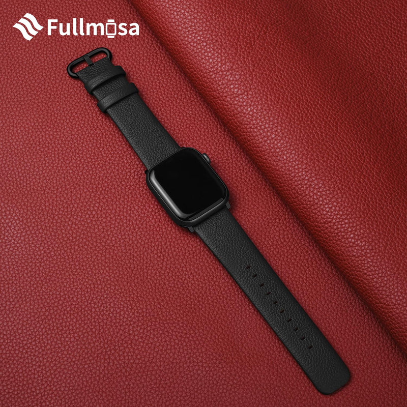 Fullmosa Compatible Stainless Steel Apple Watch Band 44mm/45mm/42mm Blue with Case & Compatible Leather Apple Watch Band 44mm/45mm/42mm,Black