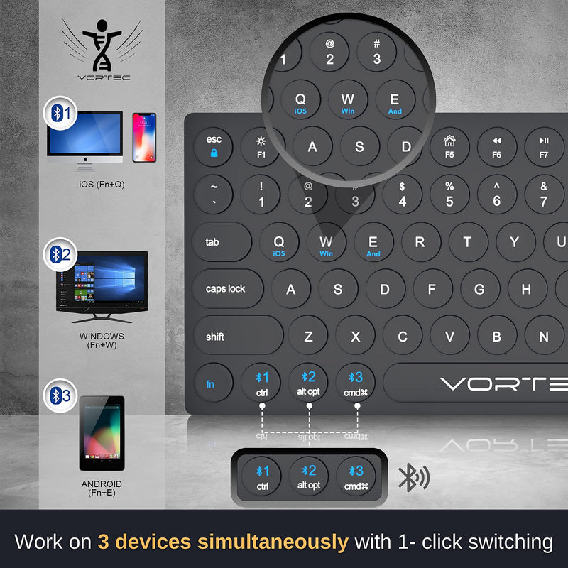 Bluetooth Keyboard for iPad, iPhone, Android, Apple, Windows – Streamlined, Compact Multi Device Keyboard – Ergonomic Bluetooth Wireless Keyboard for Mac, PC – Computer Keyboard Bluetooth by Vortec